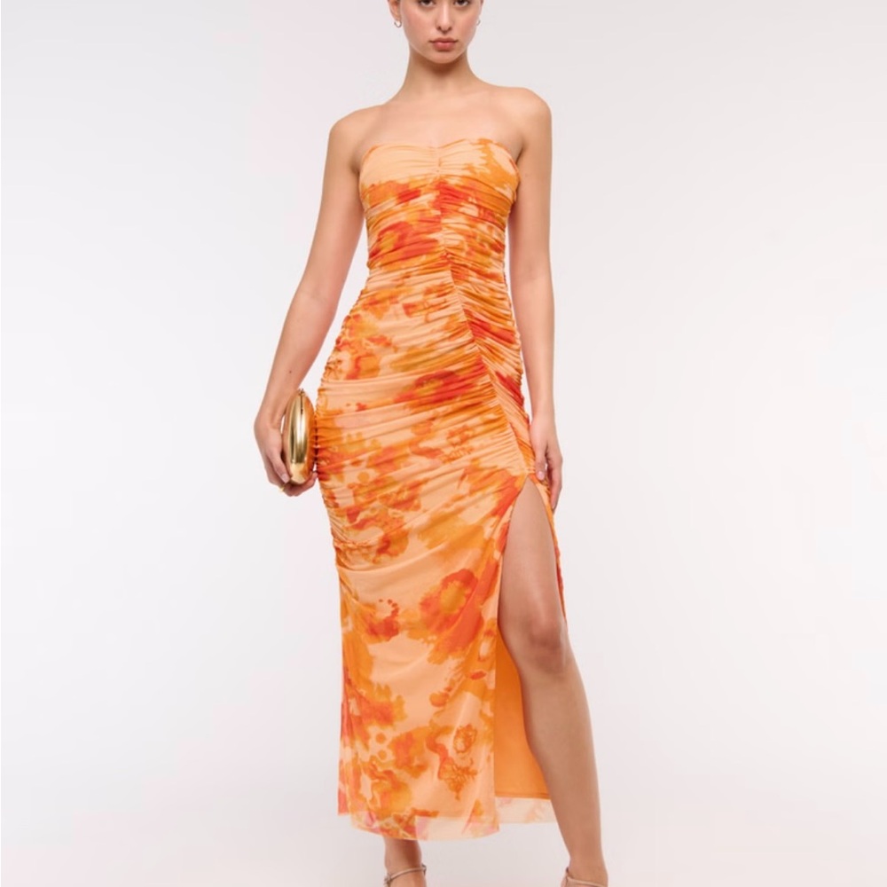 Abercrombie & Fitch Mesh Strapless Ruched Maxi Dress